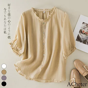 【ACheter】 文藝棉麻五分袖寬鬆襯衫短版上衣# 113407 M 黃色