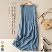 【ACheter】 日系寬鬆棉麻背心中長洋裝# 113426 M 藍色