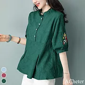 【ACheter】 韓版棉麻寬鬆繡花五分袖短版娃娃衫上衣# 113448 XL 綠色