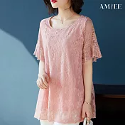 【AMIEE】氣質蕾絲大碼短袖上衣(KDT-9278) XL 粉色