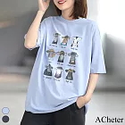 【ACheter】 清涼T恤寬鬆顯瘦短袖印花中長版棉上衣# 113462 L 藍色