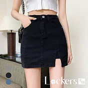 【Lockers 木櫃】夏季港風小開衩牛仔短裙 L111080803 L 黑色