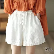 【初色】復古風素色花邊裝飾短褲寬褲-共8色-62649(M-2XL可選) XL 白色