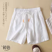 【初色】棉麻風素色繫帶寬鬆短褲-共3色-62647(M-2XL可選) 2XL 白色