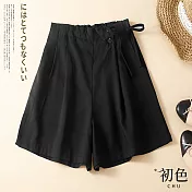 【初色】素色百搭高腰直筒休閒短褲-共3色-62646(M-2XL可選) XL 黑色