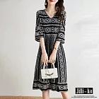 【Jilli~ko】夏季V領雪紡歐風高級感印花高腰連衣裙 J9250  FREE 黑色