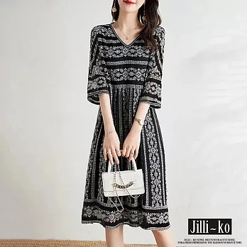 【Jilli~ko】夏季V領雪紡歐風高級感印花高腰連衣裙 J9250  FREE 黑色