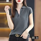 【Jilli~ko】夏季新款POLO領V領坑條短袖針織衫 J9236  FREE 灰色