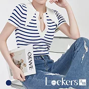 【Lockers 木櫃】夏季修身針織條紋短袖上衣 L111081503 FREE 海風藍