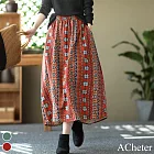 【ACheter】 花色棉麻鬆緊腰A字寬鬆裙# 113382 FREE 紅色