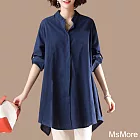 【MsMore】 韓版立領棉麻不規則寬鬆長袖襯衫長版上衣# 113516 L 藏青色