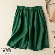 【初色】簡約棉麻風五分闊腿寬褲短褲-共6色-62714(M-2XL可選) XL 綠色