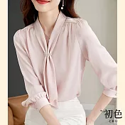 【初色】氣質優雅領巾造型七分袖襯衫上衣-粉紅色-63438(M-2XL可選) XL 粉紅色