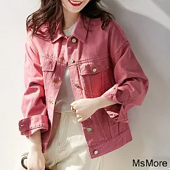 【MsMore】 韓版粉色寬鬆百搭長袖高棉牛仔短版外套# 113594 M 玫紅色