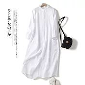 【ACheter】 日式寬鬆休閒長袖棉麻襯衫連衣長版洋裝外罩 # 113738 M 白色