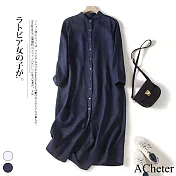 【ACheter】 日式寬鬆休閒長袖棉麻襯衫連衣長版洋裝外罩 # 113738 M 藏青