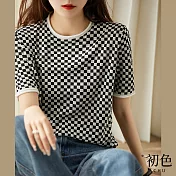【初色】棋盤格紋針織T恤上衣-黑色-63478(F可選) F 黑色