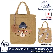 【Kusuguru Japan】日本眼鏡貓NEKOMARUKE貓丸系列毛帽造型羊毛絨素材手提萬用包(加贈皮質造型掛飾) -卡其黃