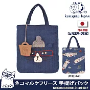 【Kusuguru Japan】日本眼鏡貓NEKOMARUKE貓丸系列毛帽造型羊毛絨素材手提萬用包(加贈皮質造型掛飾)  -藍色