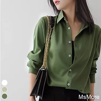 【MsMore】 秋時尚純色簡約圖曼朵綠色長袖絲質寬鬆百搭襯衫上衣# 113804 M 綠色