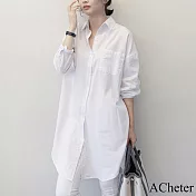 【ACheter】 白色棉質寬鬆休閒薄款長袖百搭襯衫外罩長版上衣 # 113829 M 白色