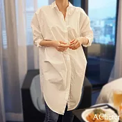 【ACheter】 韓版氣質寬鬆BF風純白外搭長版長袖襯衫上衣# 113828 M 白色