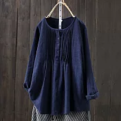 【慢。生活】復古文藝棉質大碼寬鬆圓領壓褶襯衫 J9275  FREE 深藍色