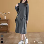 【ACheter】 時尚氣質大碼減齡顯瘦寬鬆長袖圓領休閒上衣長裙兩件式套裝 # 113710 L 灰色