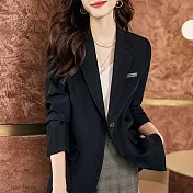 【MsMore】 韓版OL時尚休閒長袖寬鬆西服中長版外套# 113753 M 黑色