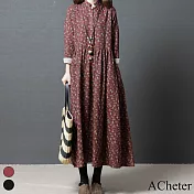 【ACheter】 韓版寬鬆大碼時尚長袖小立領舒適碎花長版連身洋裝# 113851 M 紅色