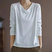 【ACheter】 V領純色百搭長袖t恤大碼寬鬆顯瘦簡約中長上衣 # 113934 M 白色
