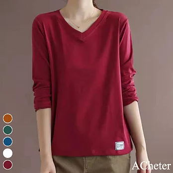 【ACheter】 V領純色百搭長袖t恤大碼寬鬆顯瘦簡約中長上衣 # 113934 M 紅色