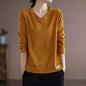 【ACheter】 V領純色百搭長袖t恤大碼寬鬆顯瘦簡約中長上衣 # 113934 XL 黃色