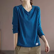 【ACheter】 V領純色百搭長袖t恤大碼寬鬆顯瘦簡約中長上衣 # 113934 M 藍色