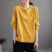 【ACheter】 圓領純色百搭長袖t恤大碼寬鬆顯瘦簡約中長上衣 # 113935 L 黃色