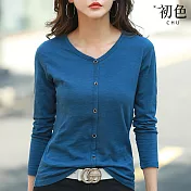 【初色】休閒V領經典簡約T恤上衣-共4色-63516(M-2XL可選) L 藍色