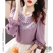 【初色】圓領蕾絲刺繡喇叭袖T恤上衣-紫色-63549(M-2XL可選) XL 紫色