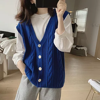 【MsMore】 韓版春秋新款寬鬆顯瘦麻花v領針織衫背心外套# 113356 FREE 藍色