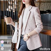 【MsMore】 秋冬新款小香風氣質雙排扣長袖寬鬆短版西裝毛呢外套大衣 # 113702 M 粉紅色