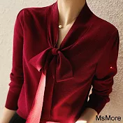 【MsMore】 秋冬飄帶襯衫寬鬆針織氣質長袖毛衣寬鬆上衣 # 113952 FREE 紅色
