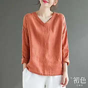 【初色】素色V領棉麻風T恤上衣-共4色-63759(M-2XL可選) L 橘色