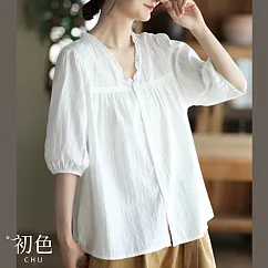 【初色】蕾絲V領文藝風棉質襯衫上衣─白色─63749(M─2XL可選) M 白色