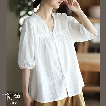 【初色】蕾絲V領文藝風棉質襯衫上衣-白色-63749(M-2XL可選) M 白色