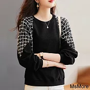【MsMore】 秋季新款寬鬆百搭黑色時尚顯瘦圓領長袖短版上衣 # 114016 XL 黑色