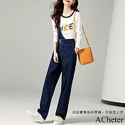 【ACheter】 時尚氣質洋氣百搭設計感腰帶新款女式背帶牛仔長寬鬆褲# 114082 M 藏青