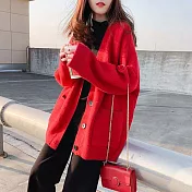 【ACheter】 韓版網紅學生寬鬆大碼慵懶風口袋長袖大V領針織百搭長版外套 # 113766 FREE 紅色