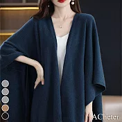 【ACheter】 羊絨感披肩v領寬鬆氣質時尚薄款針織開衫披風斗篷外套 # 113901 FREE 深藍