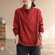 【ACheter】 復古新款燈芯細條絨鬆高領寬鬆顯瘦長袖短版上衣 # 113957 M 紅色