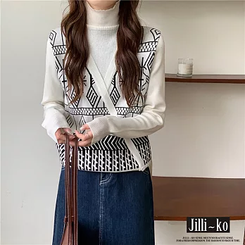 【Jilli~ko】復古花紋假兩件高領拼接馬甲針織衫 J9516  FREE 白色