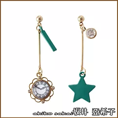 『坂井.亞希子』日系星星鐘錶造型精緻長款鑲鑽耳環 ─綠色